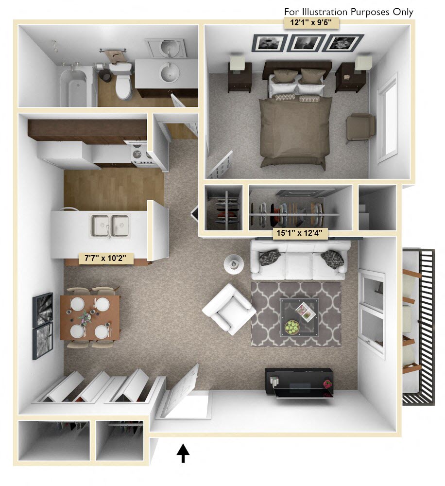 Floor plan for 1 bed, 1 bath, 610 sqft